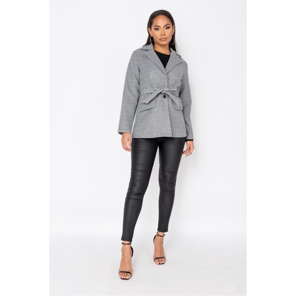 Gray Wool Blend Long Sleeve Belted Jacket - Picture 2 of 10